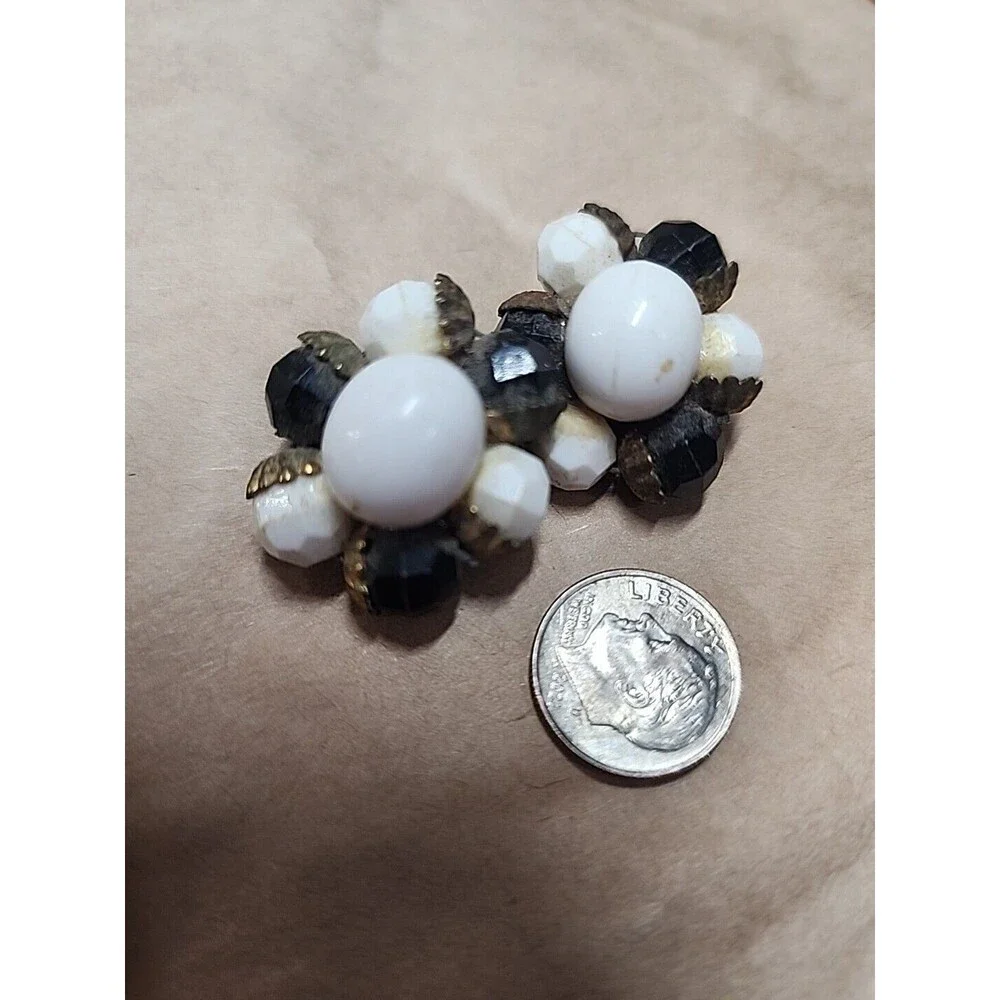 Vintage Black & White Brass BEADED Clip Earrings